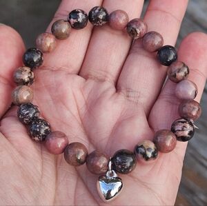 Pink and Black Beaded Bracelet With Silver Heart Charm